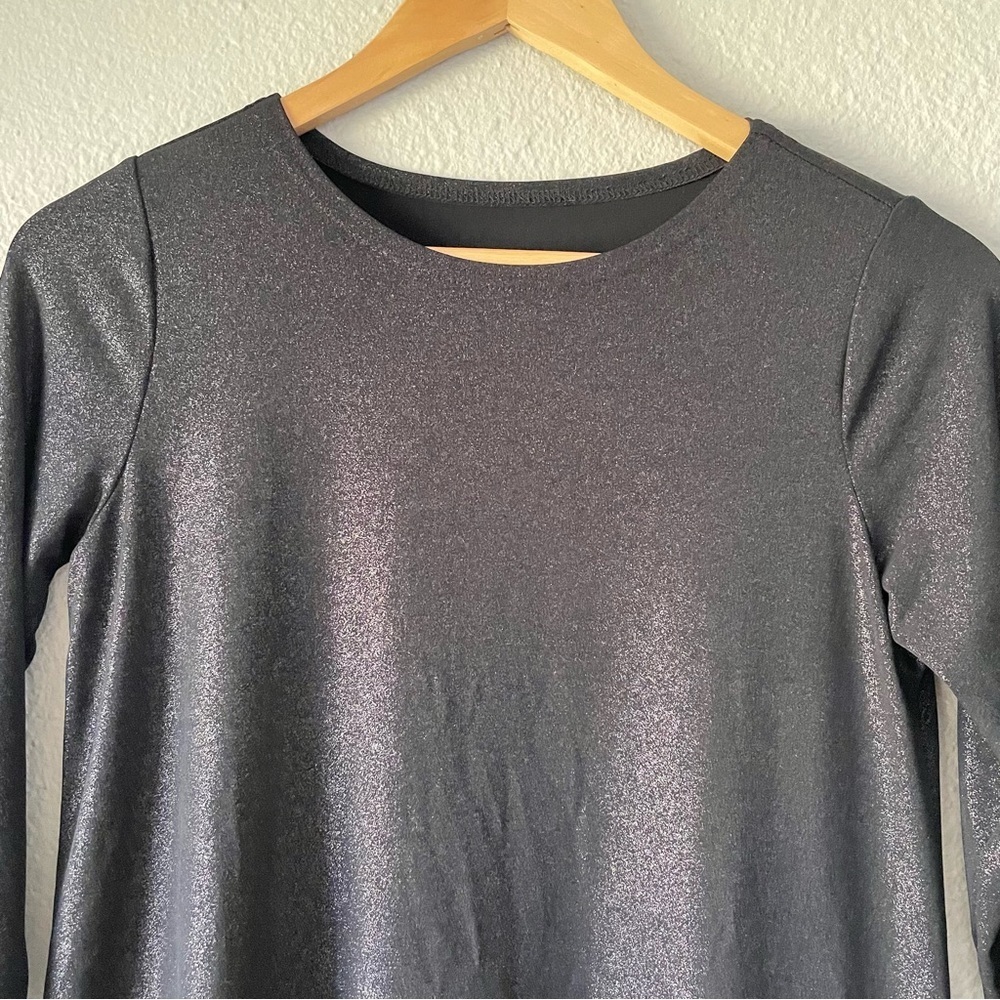 Shimmer Scoop Neck Tunic Blouse Womens S Black Liquid Knit Hi Low 3/4 Sleeve EUC - Picture 3 of 10